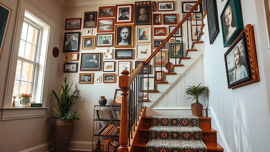 eclectic staircase gallery display