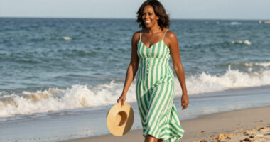 Michelle Obama Wore A Green Striped Carolina Herrera Dress In Martha's Vineyard