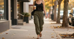 Jennifer Lawrence Brings Flip Flops Into Fall With Cargo Pants And A Semi-Sheer Cardigan