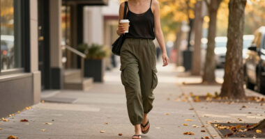 Jennifer Lawrence Brings Flip Flops Into Fall With Cargo Pants And A Semi-Sheer Cardigan
